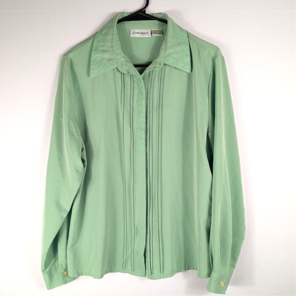 Claudia Richard Blouse Women 10 Mint Green Pintuck Lace Long Sleeve Button Front